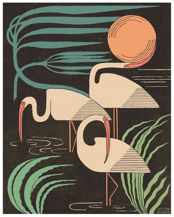 two flamingos standing next to each other in front of palm trees and the sun