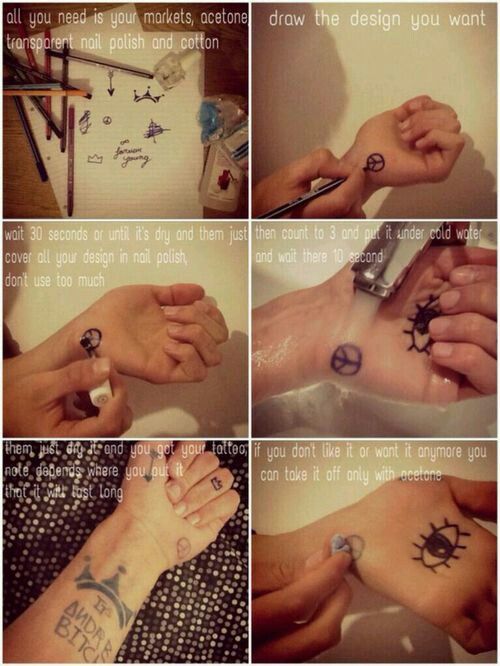 a series of photos showing how to do different tattoos on someone's foot and wrist