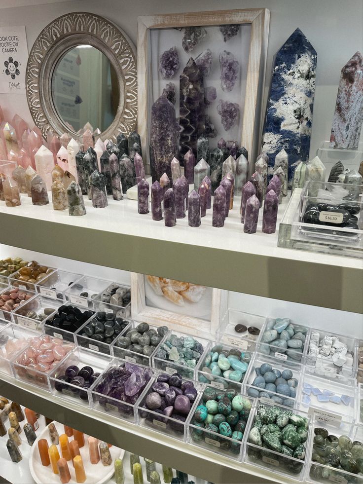 Spiritual Store Ideas, Crystal Shop Interior, Metaphysical Shop Ideas, Crystal Shop Aesthetic, Crystal Display Ideas, Crystal Collection Display, Crystal Business, Crystal Room Decor, Spiritual Shop