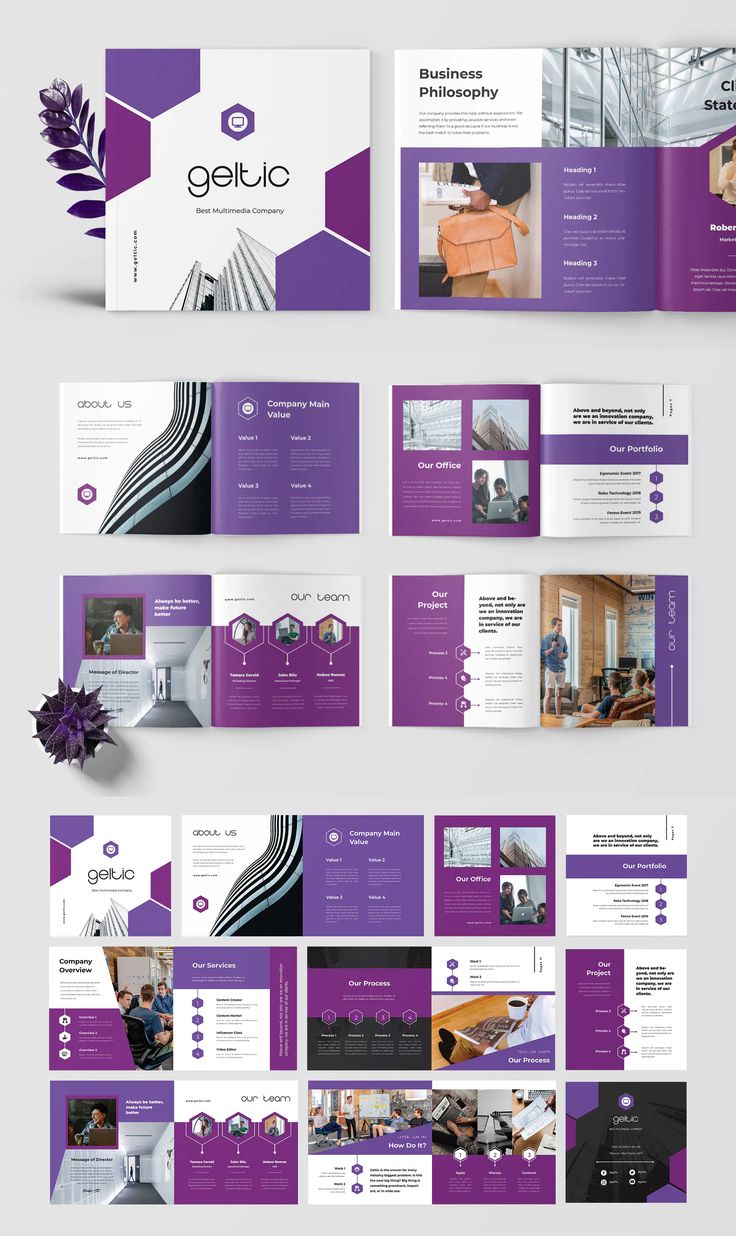 the purple and white brochure is displayed on top of each other, with different images