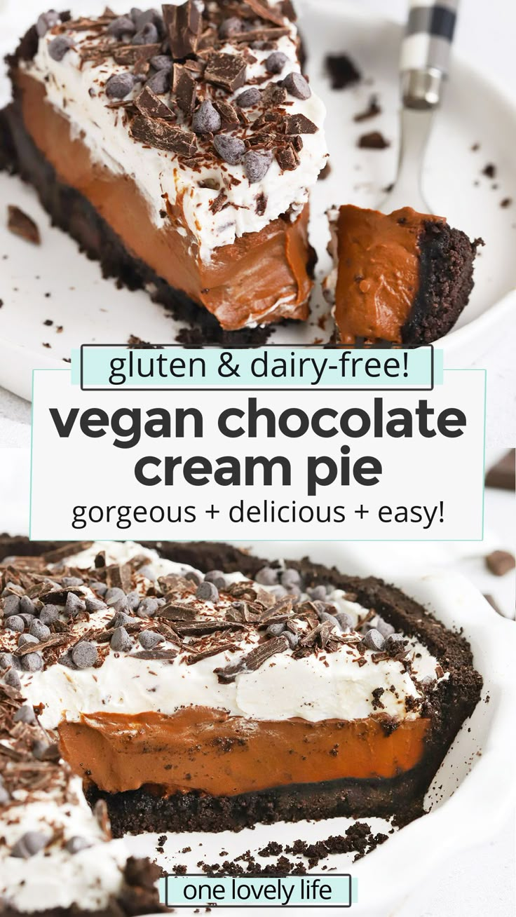 a slice of vegan chocolate cream pie on a white plate with the text gluten & dairy - free