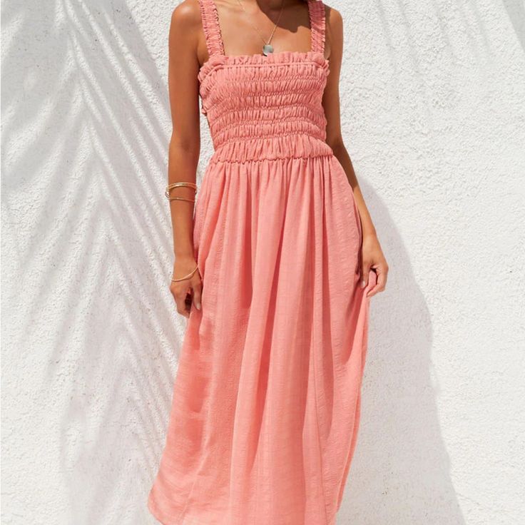 Nwt Size Small. Sold Out Online Pink Maxi Dress With Smocked Back For Vacation, Pink Ruched Sundress Maxi Dress, Pink Ruched Sundress Style Maxi Dress, Pink Ruched Summer Maxi Dress, Pink Ruched Maxi Dress For Summer, Pink Ruched Sundress, Pink Maxi Length Smocked Dress For Spring, Pink Maxi Length Smocked Dress For Vacation, Pink Maxi Smocked Dress For Vacation