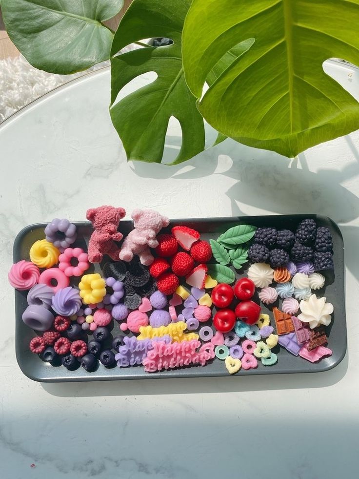 a tray filled with lots of different types of beads next to a potted plant