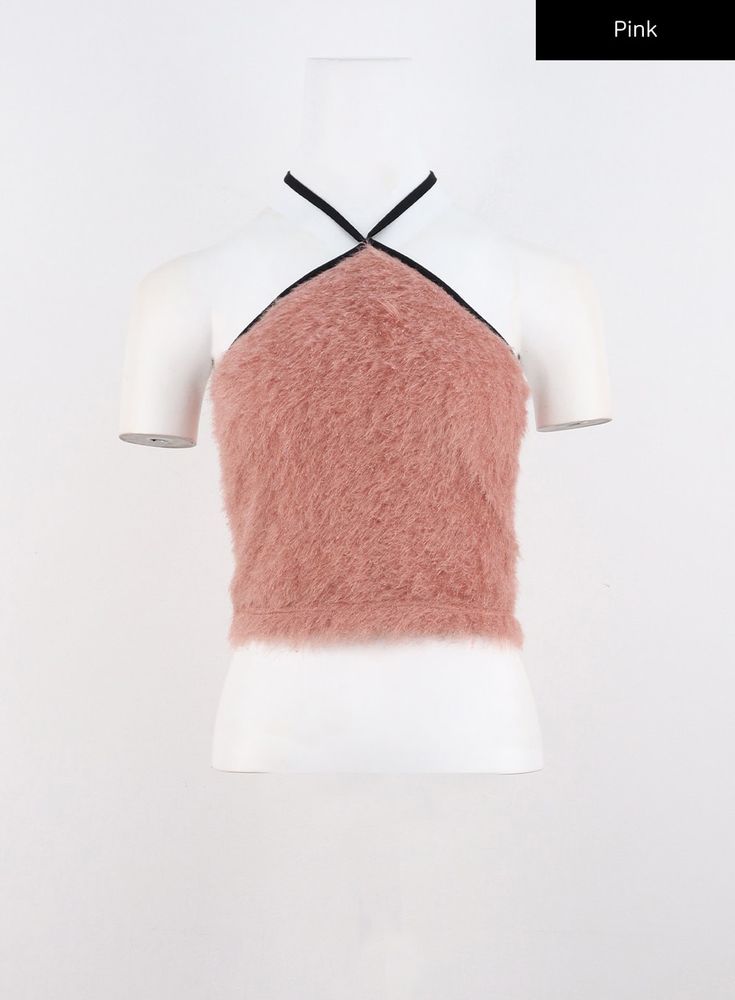 boucle-halter-tie-crop-top-co313 / Pink Fitted Crop Top For Club In Winter, Fitted Winter Crop Top For Club, Chic Stretch Pink Crop Top, Chic Pink Stretch Crop Top, High Stretch Tops For Club In Spring, High Stretch Tops For Night Out In Spring, Fitted Winter Crop Top, Feminine Fitted Top For Night Out, Pink Crop Top For Night Out In Fall