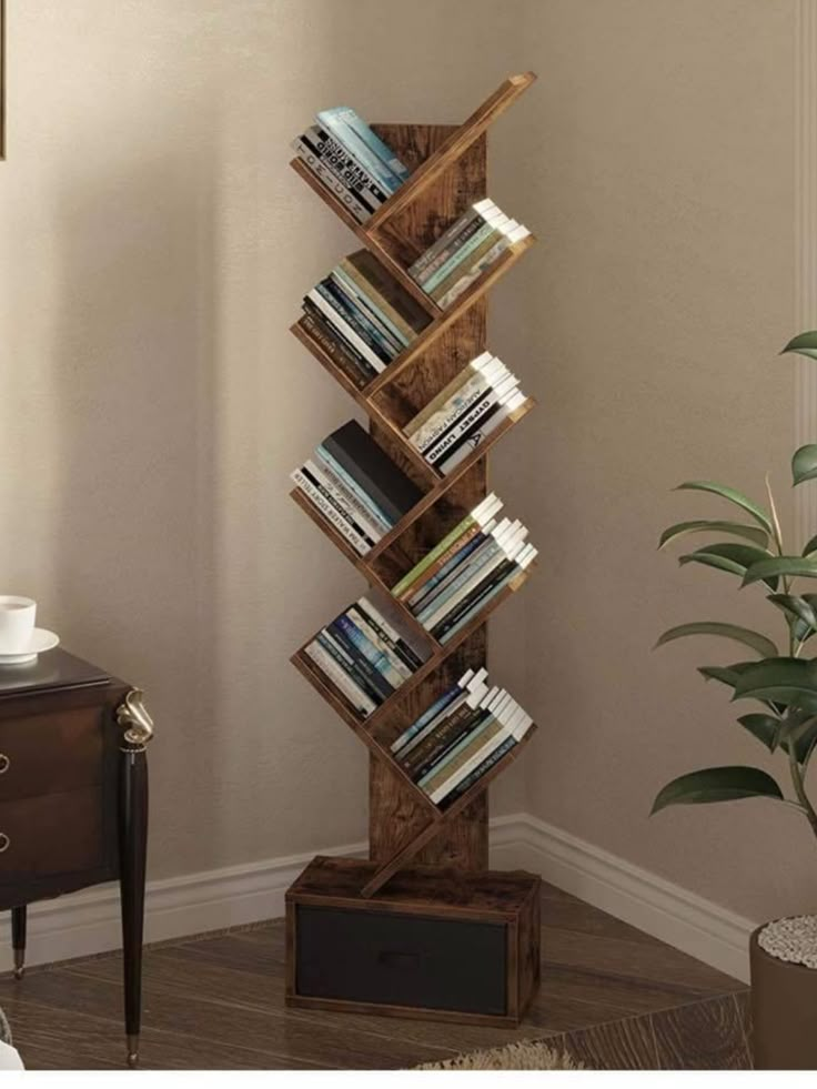 a tall wooden book shelf with many books on it's sides in a living room