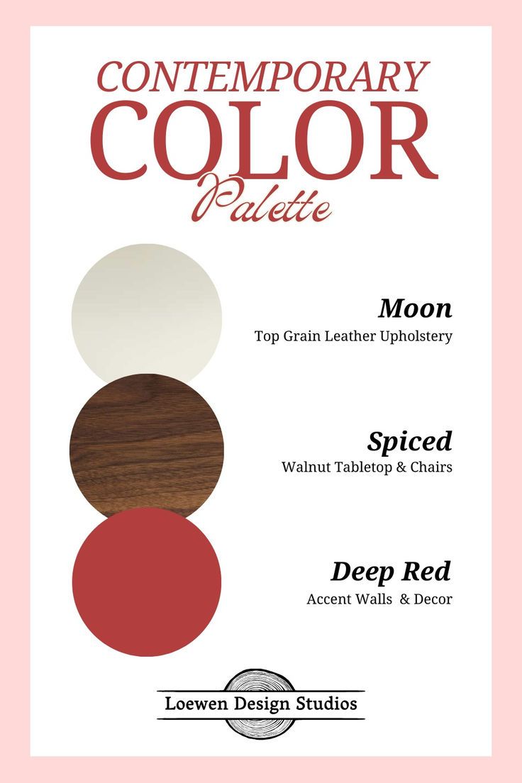 the color palette is shown in red, white and brown with text that reads contemporary color palette