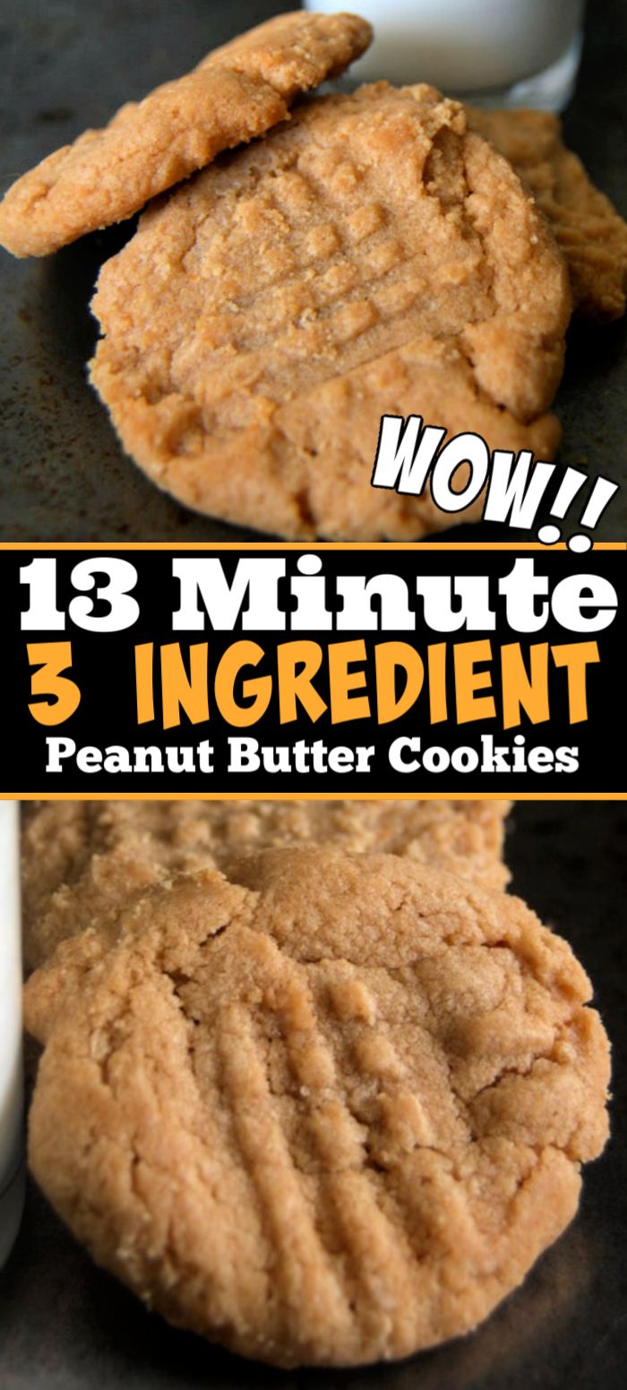 peanut butter cookies are stacked on top of each other with the words, 13 minute 3 ingredient peanut butter cookies