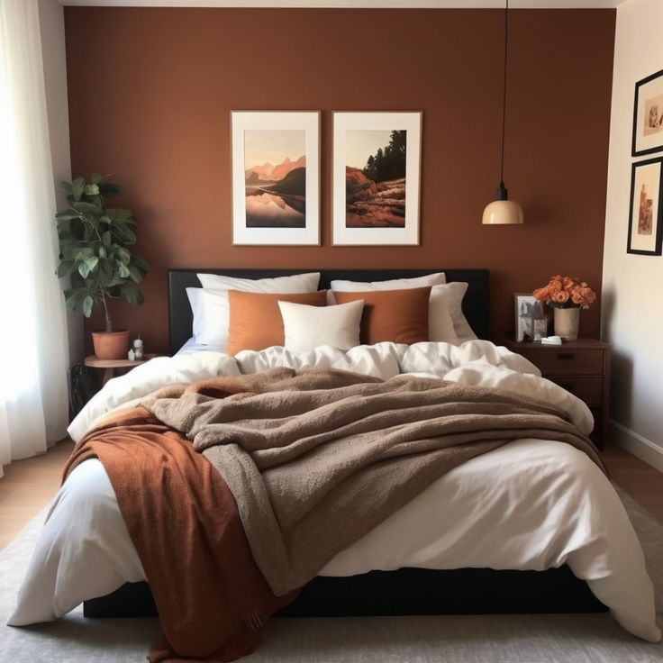 Transform your space into a warm and inviting cozy bedroom with these small bedroom ideas. Perfect for creating a snug and comfortable atmosphere. Bedroom Tan Carpet, Dark Orange Accent Wall, Muted Orange Bedroom, Cinnamon Bedroom Color Schemes, Cream And Rust Bedroom, Cozy Bedroom Autumn, Cognac Bedroom Decor, Rust Coloured Bedroom, Cozy Home Colors