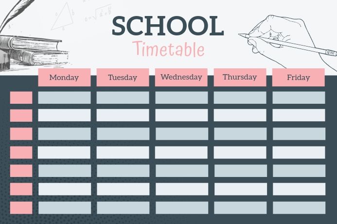 a school timetable is shown with pencils and books