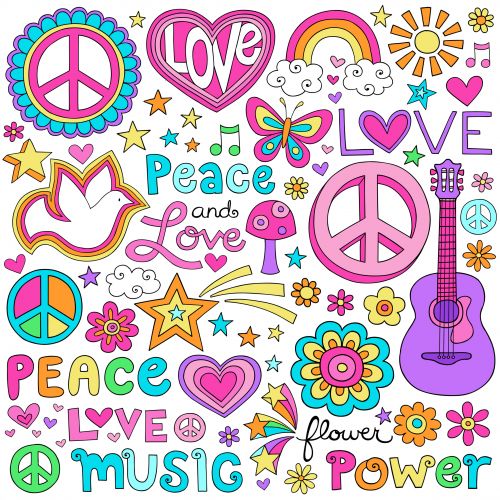 a peace and love poster with flowers, hearts, stars, butterflies, guitar, hippie