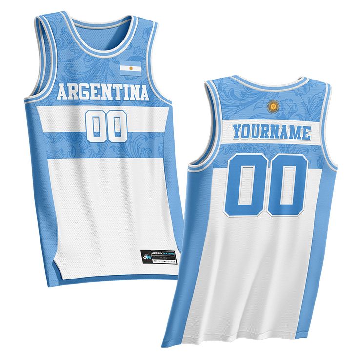 Argentina Custom Basketball Jersey Cheap Three Stripes Jersey For Sports Events, Cheap Blue Sports Jersey, Sporty Sleeveless Sublimation Design Top, White Jersey Sublimation Design For Basketball, White Sleeveless College Jersey, White Varsity Basketball Jersey, Sporty Team-colored Basketball Jersey, White Sleeveless Moisture-wicking Jersey, Basketball Jersey With Letter Print