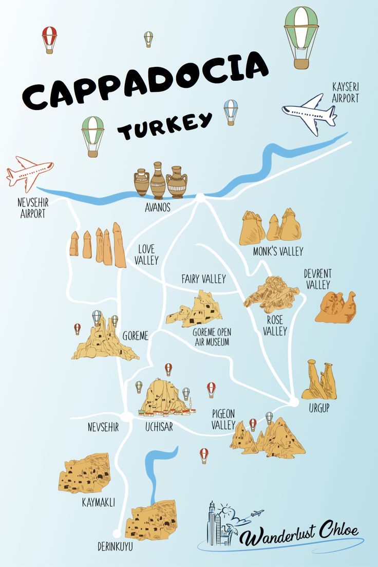 a map of cappadocia turkey with the locations marked in black and white