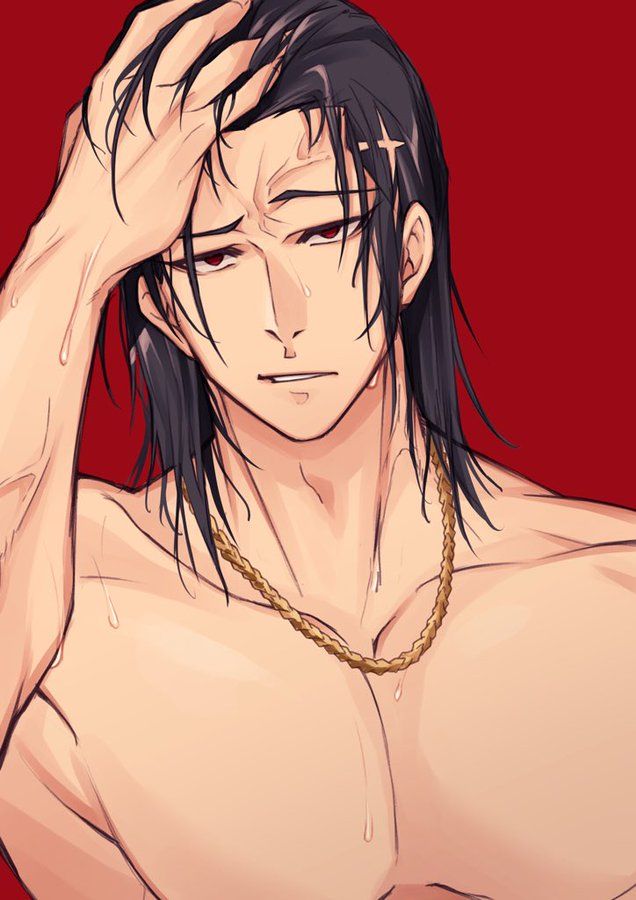 a shirtless man with long black hair holding his head