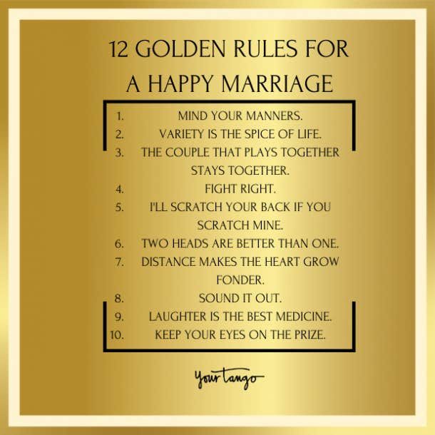 a golden rules for a happy marriage with the words written in black and gold on it