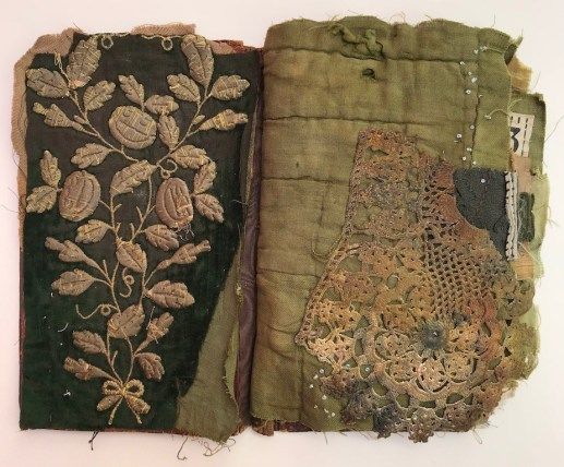 two pieces of cloth with flowers and leaves on them, one is green and the other is brown