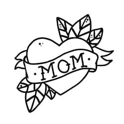 a tattoo heart with an i love mom ribbon and leaves on the side, black and white