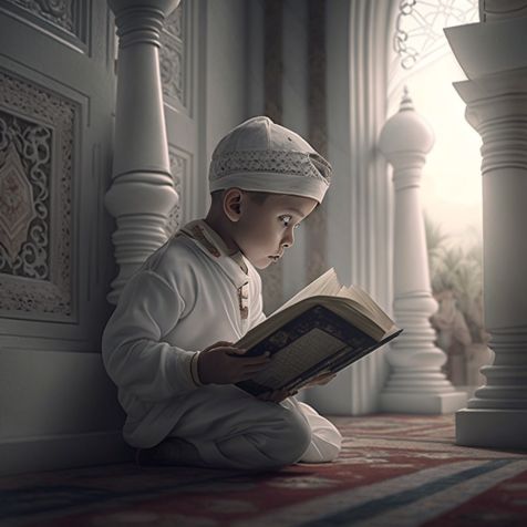 a little boy sitting on the floor reading a book in front of some pillars and columns