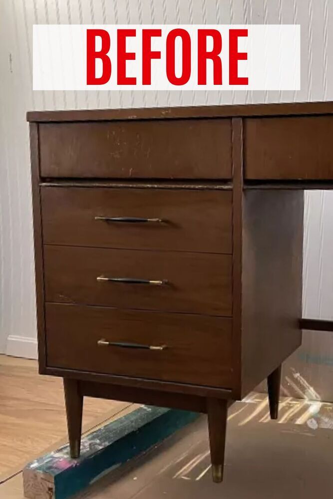 a brown desk with the words how to paint furniture before it's gone out