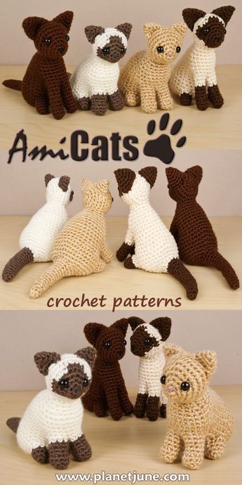 several crocheted cats and kittens sitting on top of each other in different positions