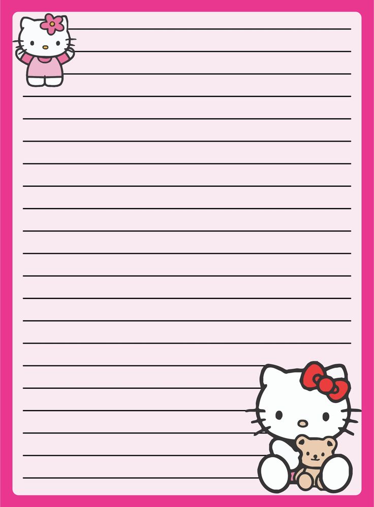 a hello kitty lined paper with an image of a teddy bear and a cat on it