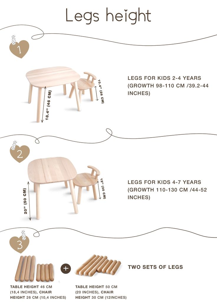 the instructions for how to build a wooden table and chair with legs height guide, including measurements