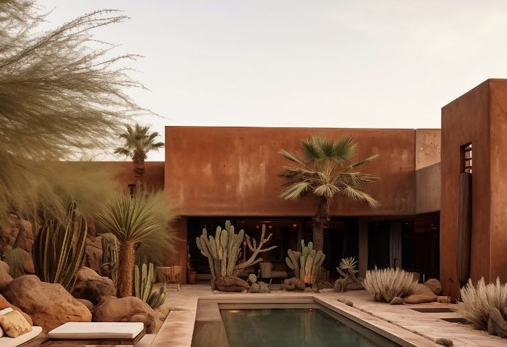 an outdoor pool surrounded by rocks and cactus plants in front of a building with a swimming pool