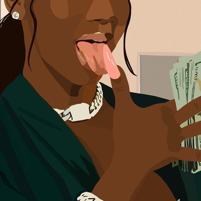 a woman sticking her tongue out with money in the background