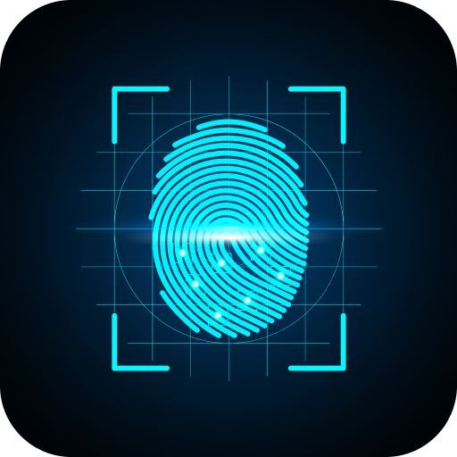 a fingerprint is shown on a dark background with blue squares and lines around it