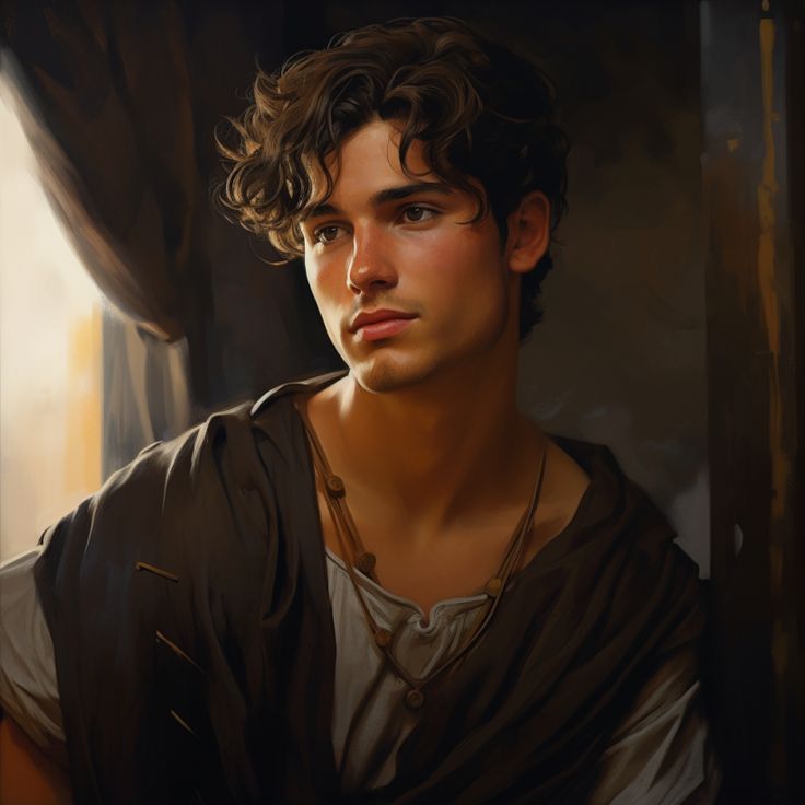 a painting of a young man with curly hair and wearing a brown shirt looking out the window