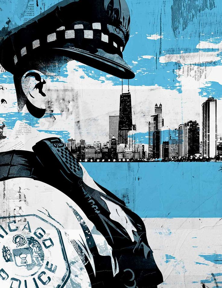 a painting of a police officer in front of a city skyline