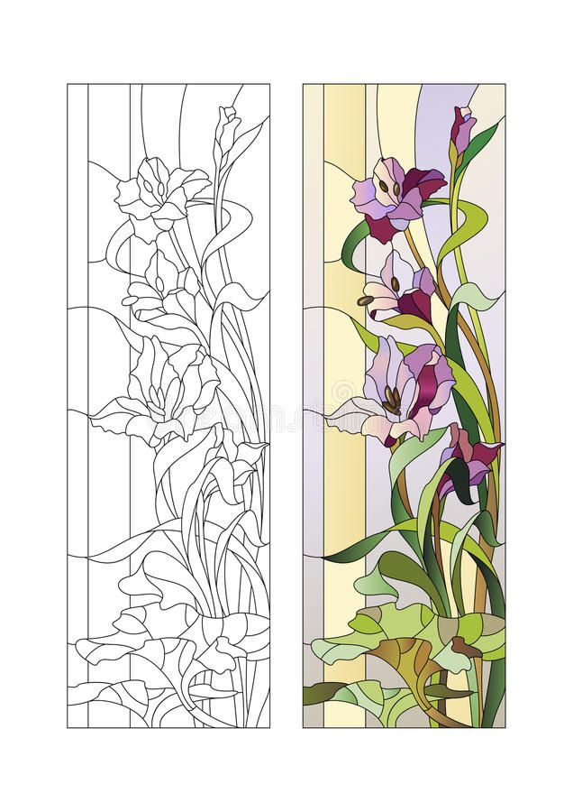 two stained glass panels with flowers and leaves on them, one in white and the other in