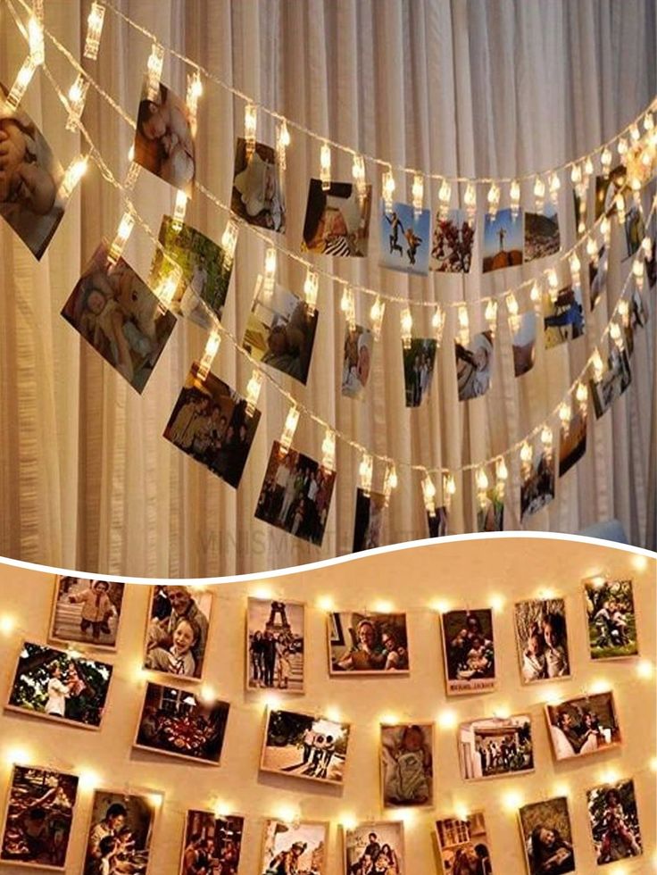 a collage of photos hanging on a wall with lights strung from the strings above it