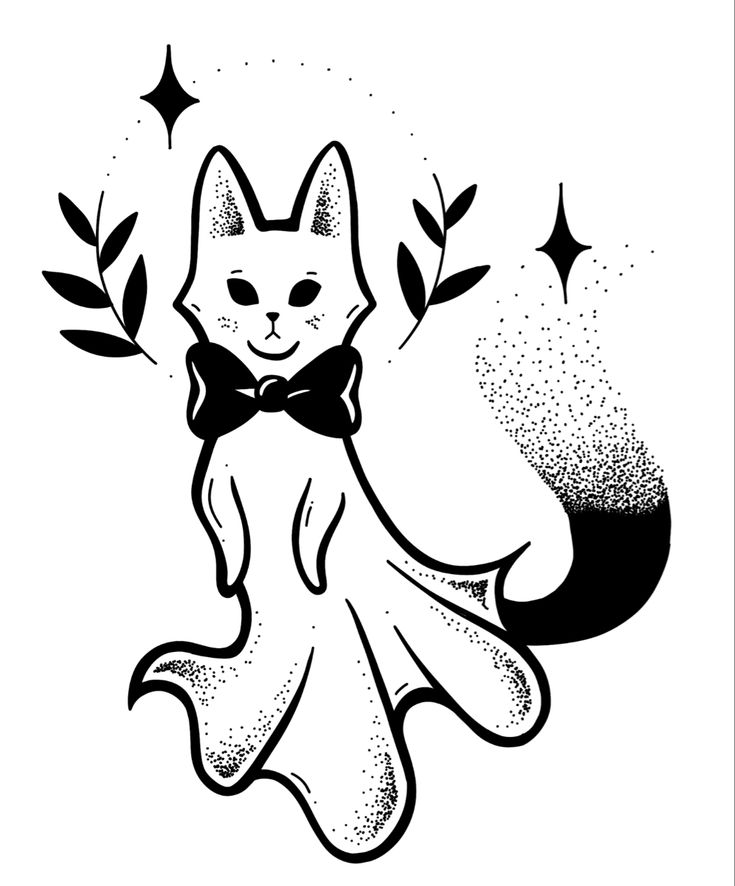 a black and white drawing of a cat wearing a bow tie with stars in the background