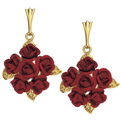 Notice that every petal of each flower is meticulously crafted and lavished with a vibrant crimson hue and set on shimmering 24kt gold-clad pierced earrings.The earrings arrive in our signature gift box -- ideal for safekeeping and gift-giving and included at no additional charge.Pair them with a beautiful necklace or bracelet from our rose jewelry collection. Gold Plated Earrings For Valentine's Day Formal, Gold Plated Earrings For Valentine's Day Formal Occasions, Gold Elegant Flower Earrings With 3d Flowers, Formal Rose Earrings With Rose Design, Elegant Gold Flower Earrings With 3d Details, Formal Rose-design Rose Earrings, Elegant Formal Jewelry With Rose Details, Elegant Formal Jewelry With Roses, Rose Flower Earrings As Gift