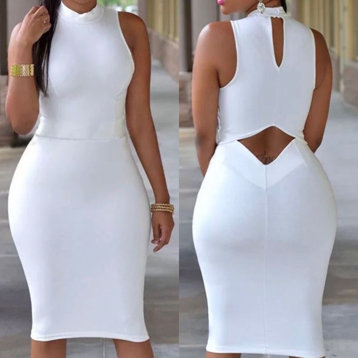 Sexy Datenight Dress Elegant White Club Dresses, Elegant White Bodycon Dress For Club, Chic White Stretch Mini Dress, Elegant White Mini Dress For Club, Chic White High Neck Midi Dress, White Stretch Club Dress, Chic White Dress For Club, White Midi Length Dress For Club, White Sleeveless Bodycon Dress For Date Night