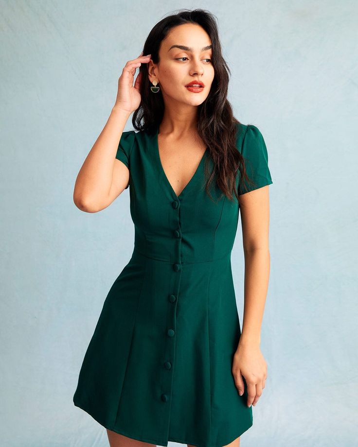 The Dark Green V Neck Button-up Shirt Mini Dress - V Neck, Short Sleeve A Line Dresses - Dark Green,Black,Pink - Dresses | RIHOAS Dark Green Dress Buttons, Scoop Neckline Dress Casual, Button Up Mini Dress, Shirt Mini Dress, Black And Pink Dress, V Neck Mini Dress, Dark Green Dress, Work Dresses, Pink Dresses