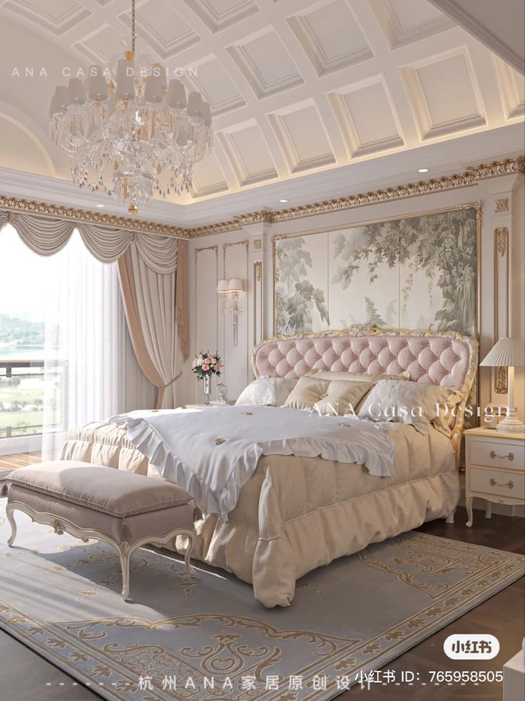 a large bed sitting inside of a bedroom next to a chandelier and window