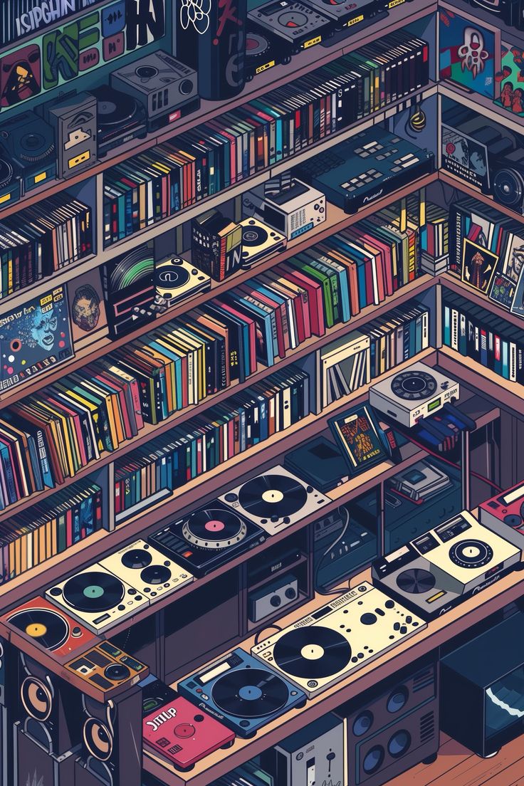 a room filled with lots of books and various types of audio equipment on top of each other