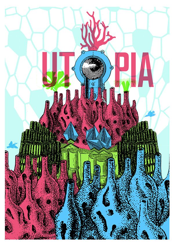 an image of a poster with the words utopia in front of corals and rocks