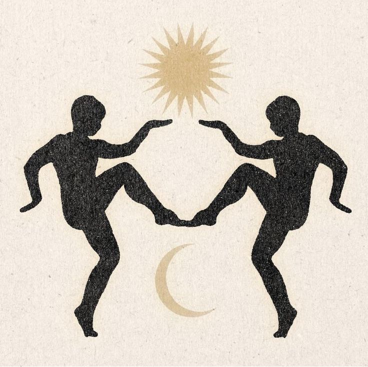 two silhouettes are dancing in front of the sun and moon with their arms outstretched