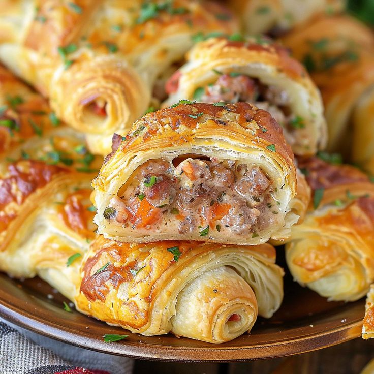 several sausage rolls on a brown plate with parsley sprinkled around the edges