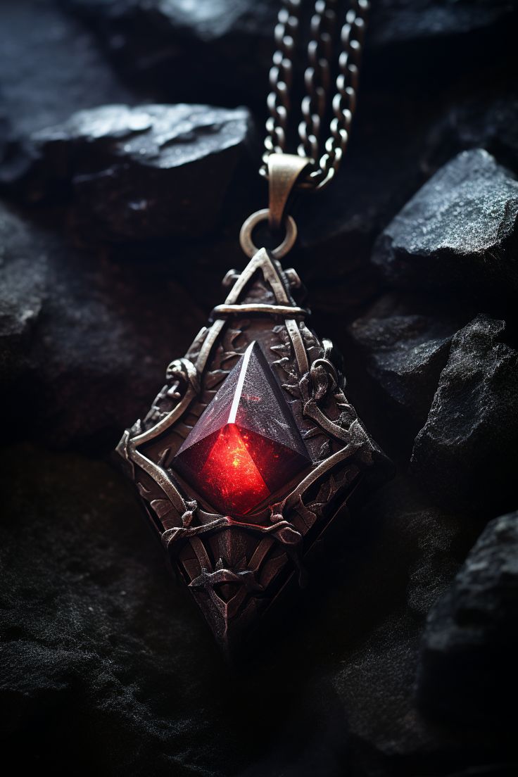 a red stone pendant sitting on top of a rock