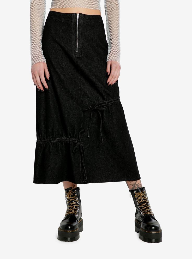 Somewhere between a midi skirt and a maxi skirt  we love a midaxi skirt for when we can't decide! This black denim midaxi style has a zipper at the front waist and ruching detail towards the bottom.100% cottonWash cold; dry lowLength: 33"ImportedListed in junior sizesModel is 5'10"Model wears size Small Midaxi Skirt, Tall Hoodies, Plus Size Fits, Socks And Tights, Sweaters And Jeans, Hot Topic, Love A, Black Denim, Sweater Hoodie