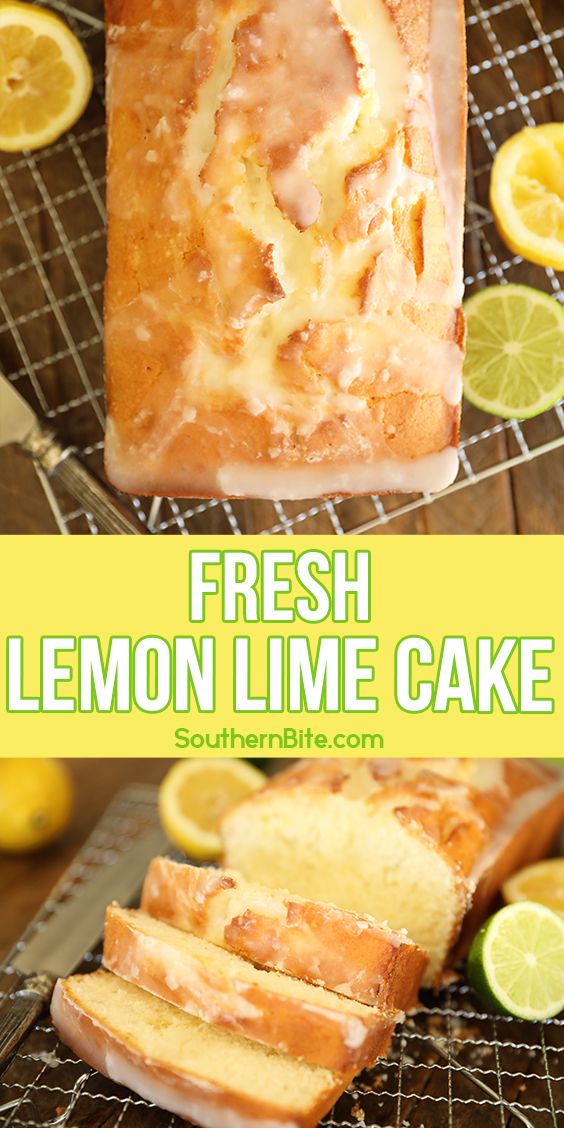 fresh lemon lime cake on a cooling rack with sliced lemons in the background and text overlay that reads fresh lemon lime cake