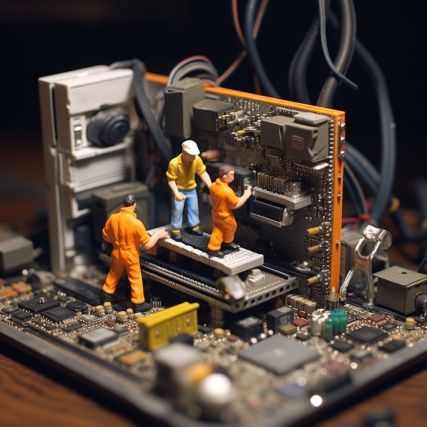 two figurines are working on a computer motherboard