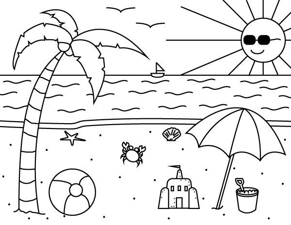 a beach scene with an umbrella, sandcastles and palm trees in the background