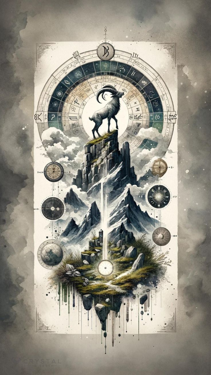 an artistic poster with mountains and animals on it's sides, in the sky