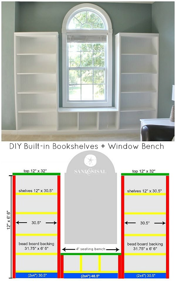 the before and after photo shows how to paint bookshelves with chalk paint in this diy built - in bookcases + window bench