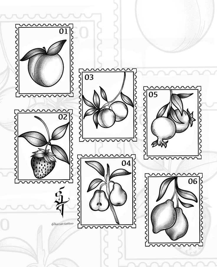 stamps with fruit and leaves on them are printed in black and white, as well as the