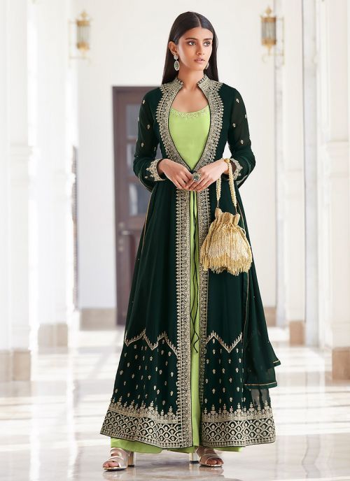 Green and Mint Embroidered Jacket Style Suit Anarkali Dress With Jacket, Green Anarkali Suits, Georgette Jacket, Indian Anarkali Dresses, Gown With Jacket, Indian Anarkali, Frock Designs, Georgette Anarkali, Designer Anarkali Suits